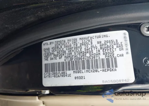 2004 Toyota Avalon Xls z USA, uszkodzony, nr VIN 4T1BF28B64U353071